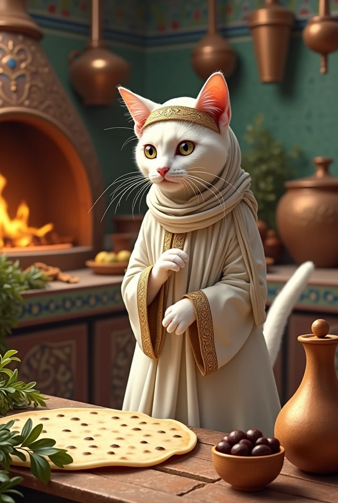 A white cat standing on two legs, dressed in a Middle Eastern thobe and headscarf, working in a traditional kitchen with colorful tiles and copperware. The cat is preparing flatbread on a large stone oven, with fresh ingredients like herbs, spices, and olives surrounding it.