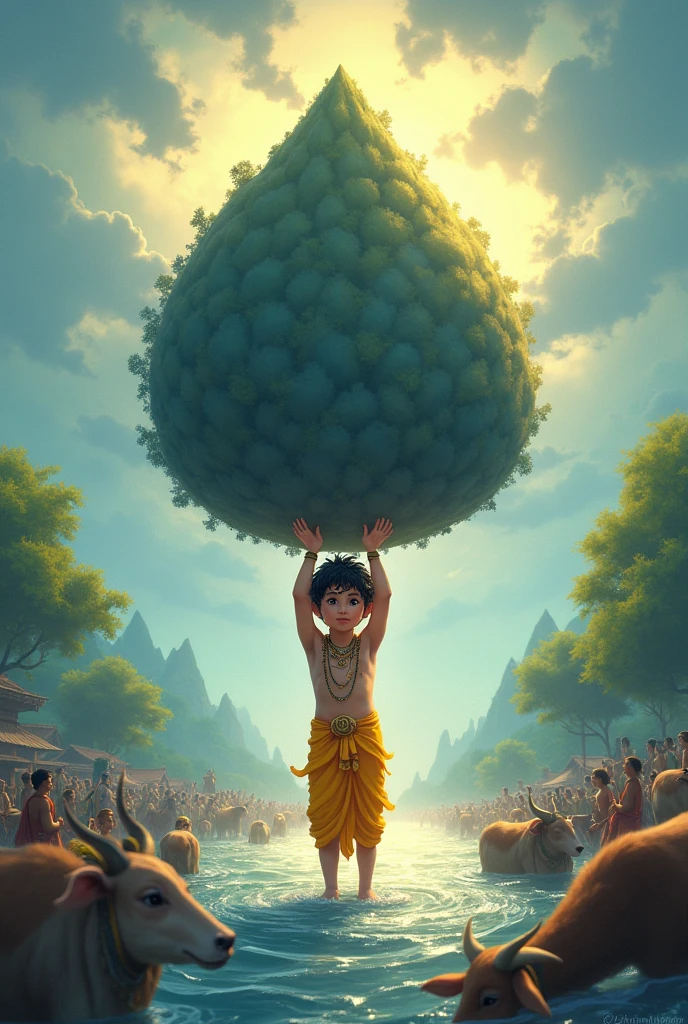 Create cute images of young lord krishna saving Brindavan people from flood by holding Govardhana mountain in his hand for protecting village people and domestic animals under mountain In rainy and flooded clumate