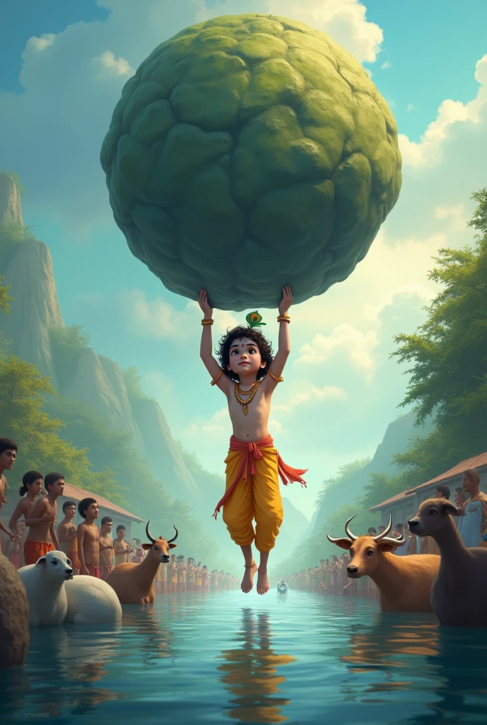 Create cute images of young lord krishna saving Brindavan people from flood by holding Govardhana mountain in his hand for protecting village people and domestic animals under mountain In rainy and flooded clumate