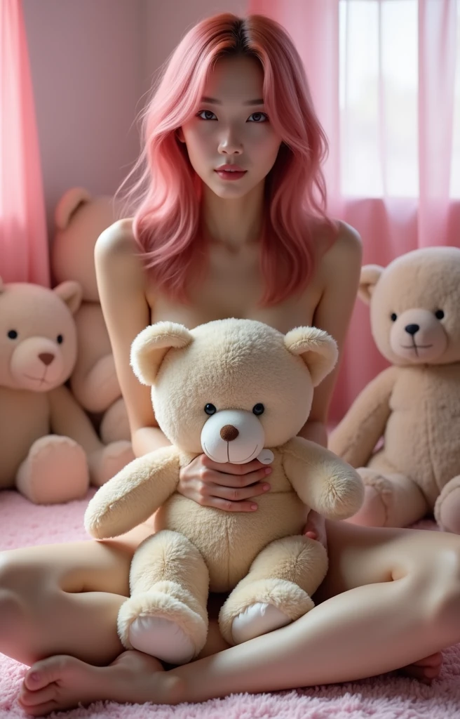 Realistic photographs of (A 50-year-old Japanese woman) , (naked:1),( Very good shape))), ((Medium bust )),(((Sitting hugging a teddy bear from the front))), She is behind the teddy bear. ((Perfectly beautiful hands and feet)) , Beautiful fingers, นิ้วBeautiful feet, Beautiful feet,((The most detailed information)), A teddy bear covers her body.,see ,(Breast mole:0.98),Just a little bit of yours,In a pastel room filled with stuffed animals
