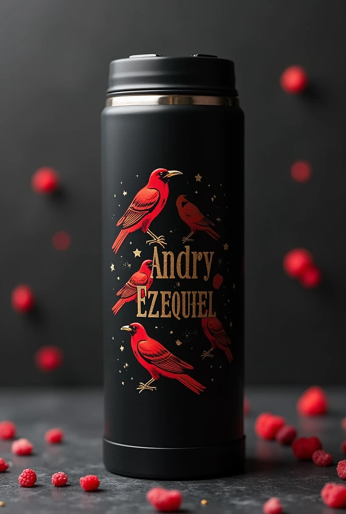 Create a personalized thermos with a black design and that has the name Andryezequiel and drawings of red and black crows. And the name that looks classic, that shows the name Andry among the crows, that the letters of the name Andryezequiel are gold.