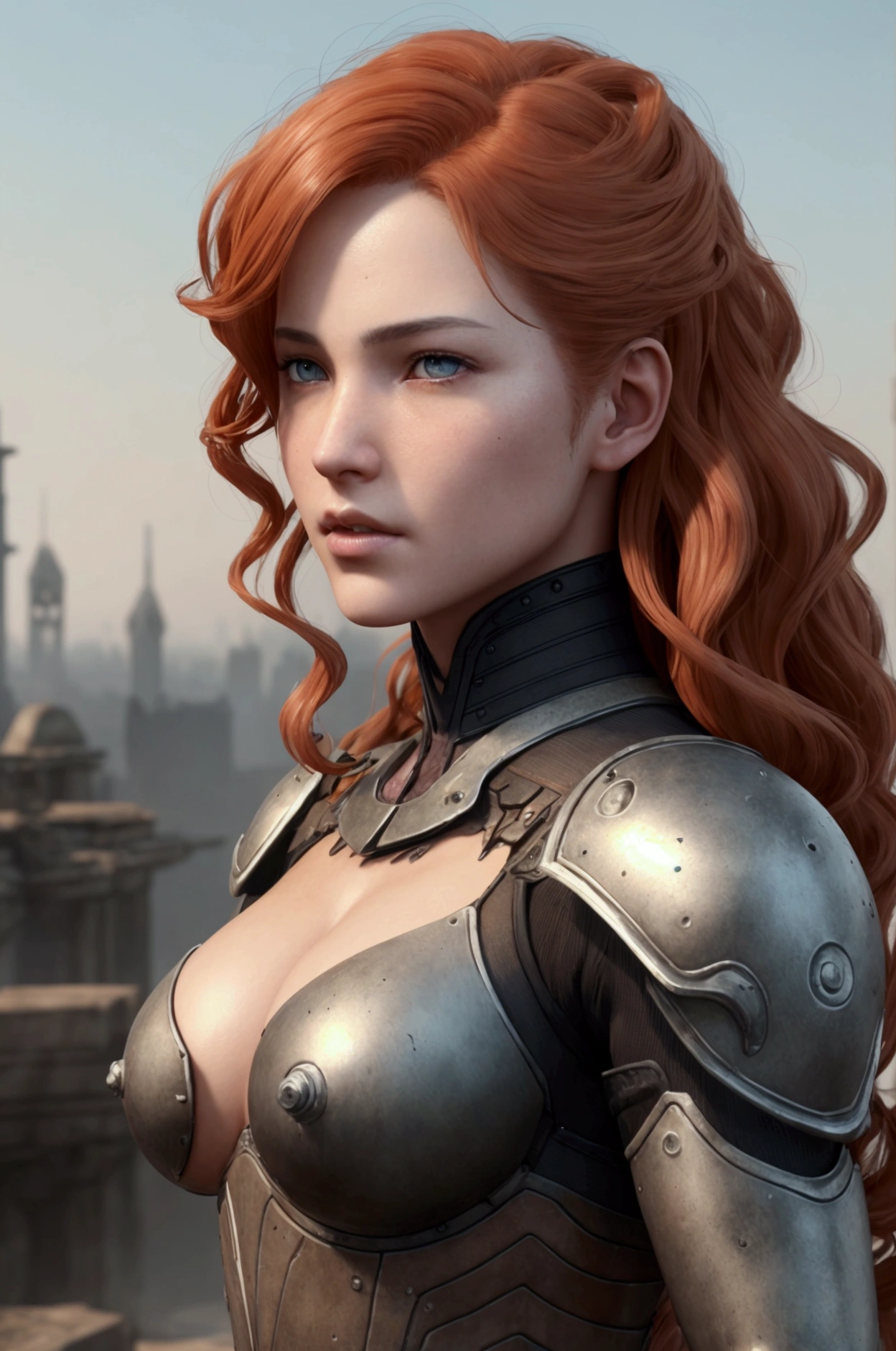 a beautiful woman, orange eyes, (blush nose), detailed eyes, cinematic, drawn by Greg Rutkowski, Yoji Shinkawa: 0.6long curly orange hair, defined body, wearing detailed Victorian-era armor (((super strong)), masterpiece, best quality, ultra-detailed, ground, destroyed city background, shadows, contrast, gray sky, style (look at viewer: 1.2) (skin texture) (film grain: 1.3), ultra-high resolution, octane render, 16k