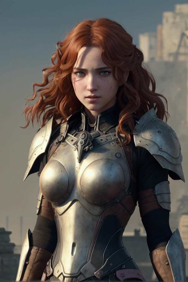 a beautiful woman, orange eyes, (blush nose), detailed eyes, cinematic, drawn by Greg Rutkowski, Yoji Shinkawa: 0.6long curly orange hair, defined body, wearing detailed Victorian-era armor (((super strong)), masterpiece, best quality, ultra-detailed, ground, destroyed city background, shadows, contrast, gray sky, style (look at viewer: 1.2) (skin texture) (film grain:  1.3), ultra-high resolution, octane render, 16k