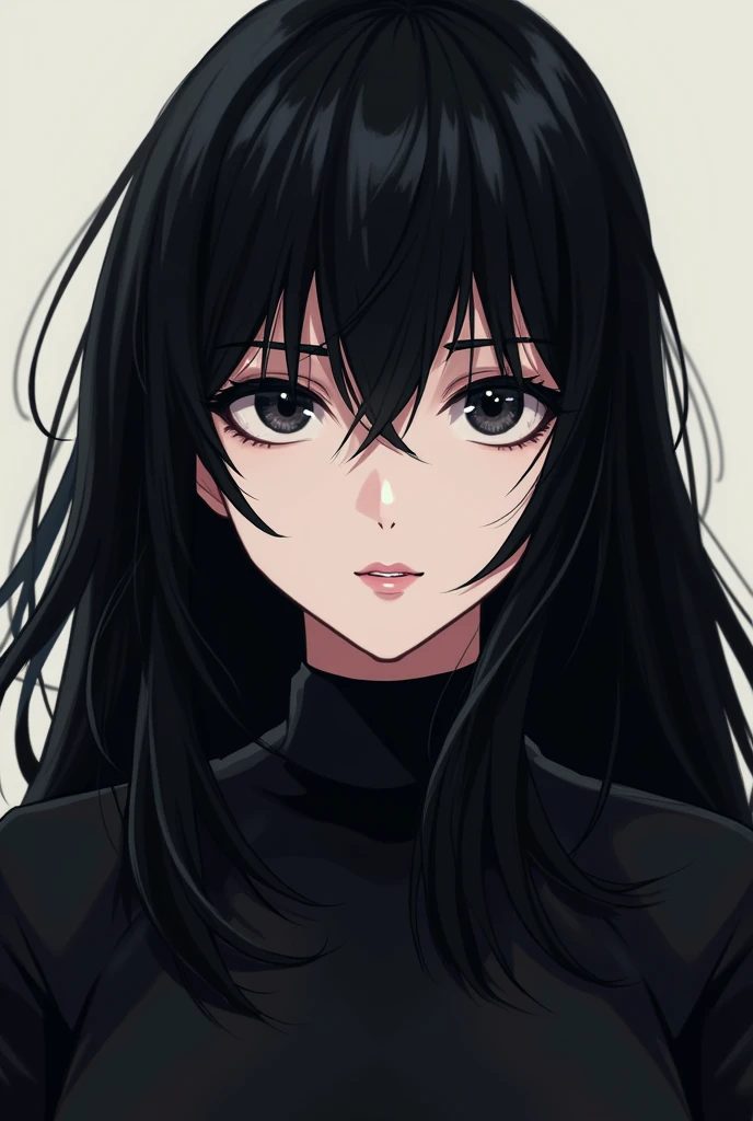Create an anime with long black hair and a cold look and black eyes, slightly pink lips and eyebrow piercing