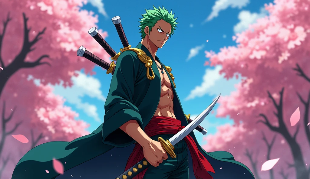 realistic photo, best definition, hdr definition, 12k, Zoro Roronoa from One Piece, wears his usual combat outfit, he has his three swords on him, he has a determined, concentrated look, one piece style sakura garden background, the sky is blue and clear, a feeling of rage hovers, this scene by its details is a masterpiece