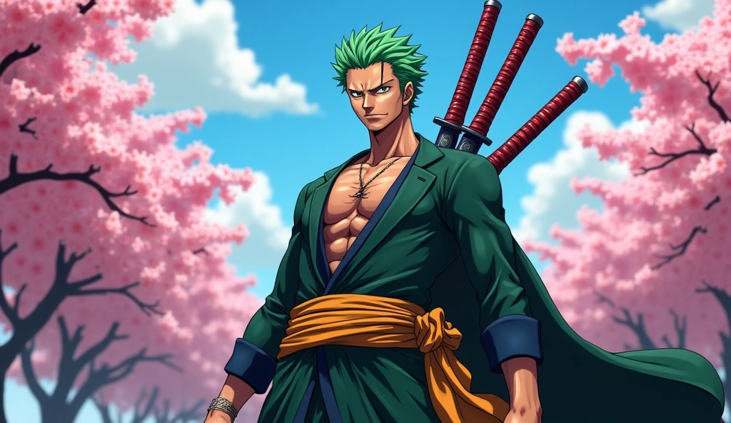 realistic photo, best definition, hdr definition, 12k, Zoro Roronoa from One Piece, wears his usual combat outfit, he has his three swords on him, he has a determined, concentrated look, one piece style sakura garden background, the sky is blue and clear, a feeling of rage hovers, this scene by its details is a masterpiece