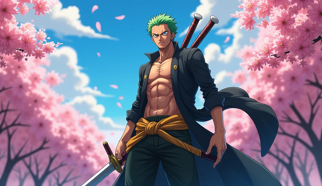 realistic photo, best definition, hdr definition, 12k, Zoro Roronoa from One Piece, wears his usual combat outfit, he has his three swords on him, he has a determined, concentrated look, one piece style sakura garden background, the sky is blue and clear, a feeling of rage hovers, this scene by its details is a masterpiece