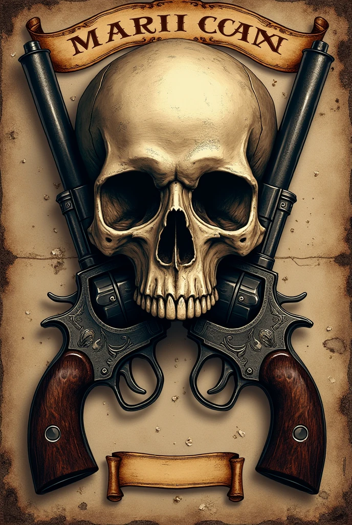  An old label with a skull and two pistols with a banner at the top and a banner at the bottom