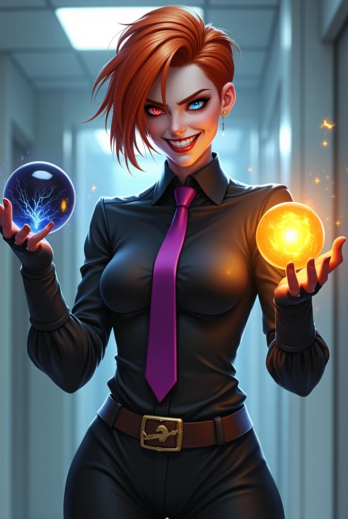 moria:tilda,heterochromia,short hair,orange hair,red eye,blue eye,evil smile, black shirt,purple tie, action pose, battle pose, attack pose, dark orb in the left hand, yellow orb in the right hand (insanely detailed, masterpiece, best quality),solo, standing lab, Moira, Overwatch, Moiraow
