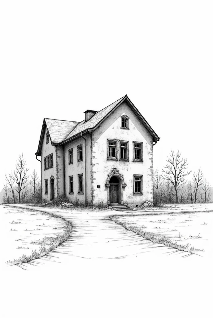 A line art drawing of Pavlov&#39;s house in Stalingrad after WWII with a transparent background. 



