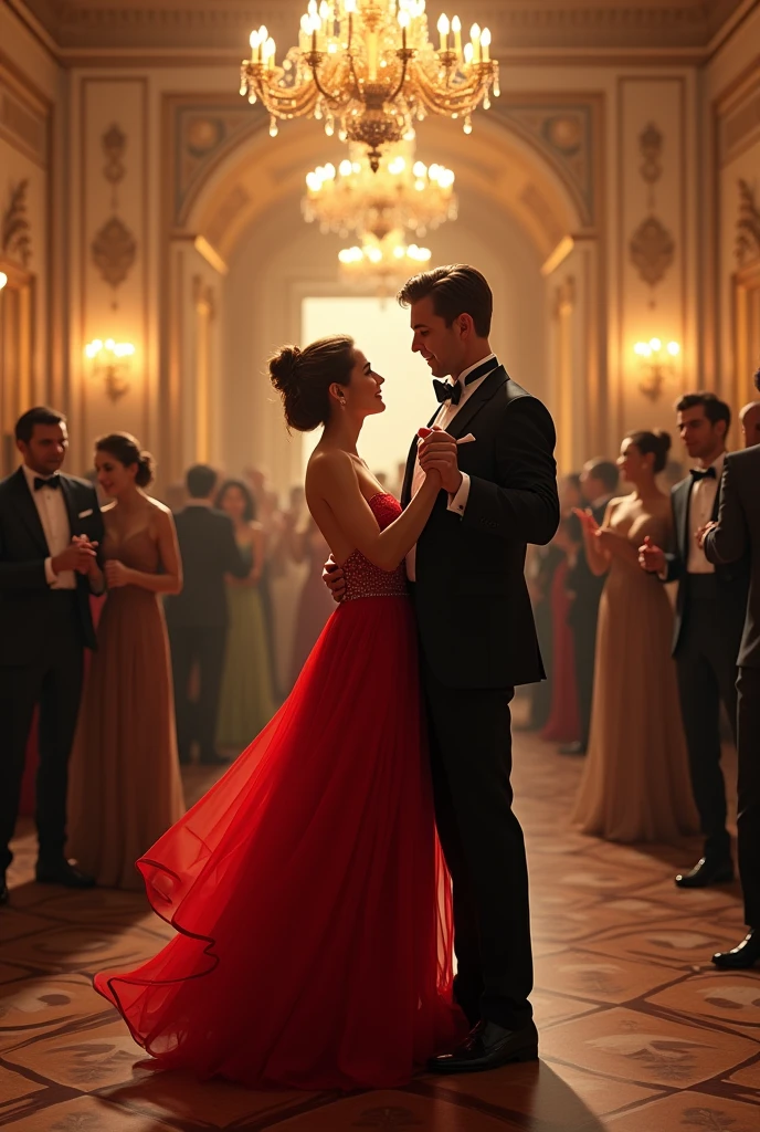 A couple with a woman in a red evening dress and a man in an evening suit, in a ballroom with several people dressed in formal attire, dancing and enjoying the night at the hotel