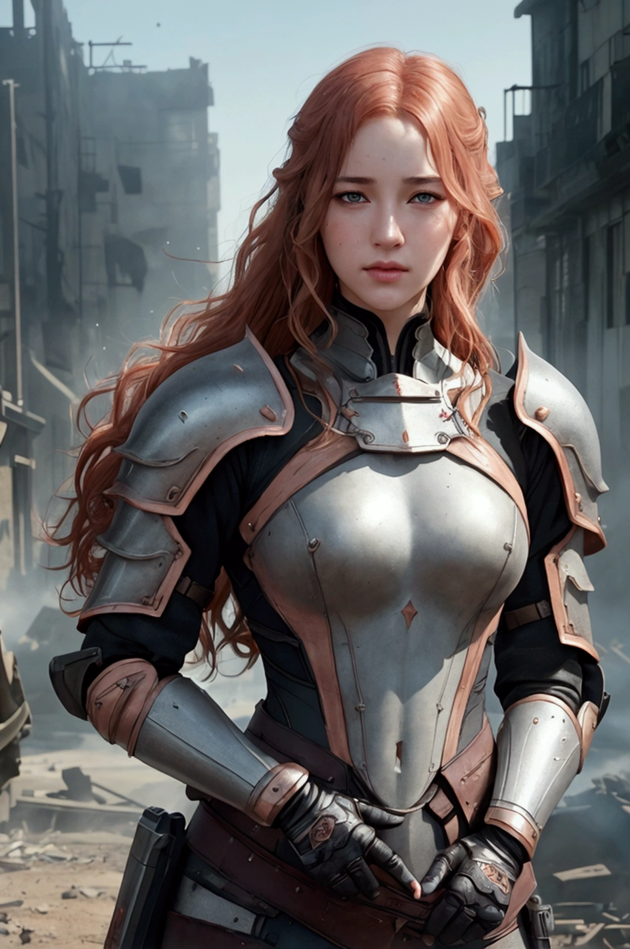 a beautiful woman, orange eyes, (blush nose), detailed eyes, cinematic, drawn by Greg Rutkowski, Yoji Shinkawa: 0.6long curly orange hair, defined body, wearing detailed Victorian-era armor (((super strong)), masterpiece, best quality, ultra-detailed, ground, destroyed city background, shadows, contrast, gray sky, style (look at viewer: 1.2) (skin texture) (film grain: 1.3), ultra-high resolution, octane render, 16k