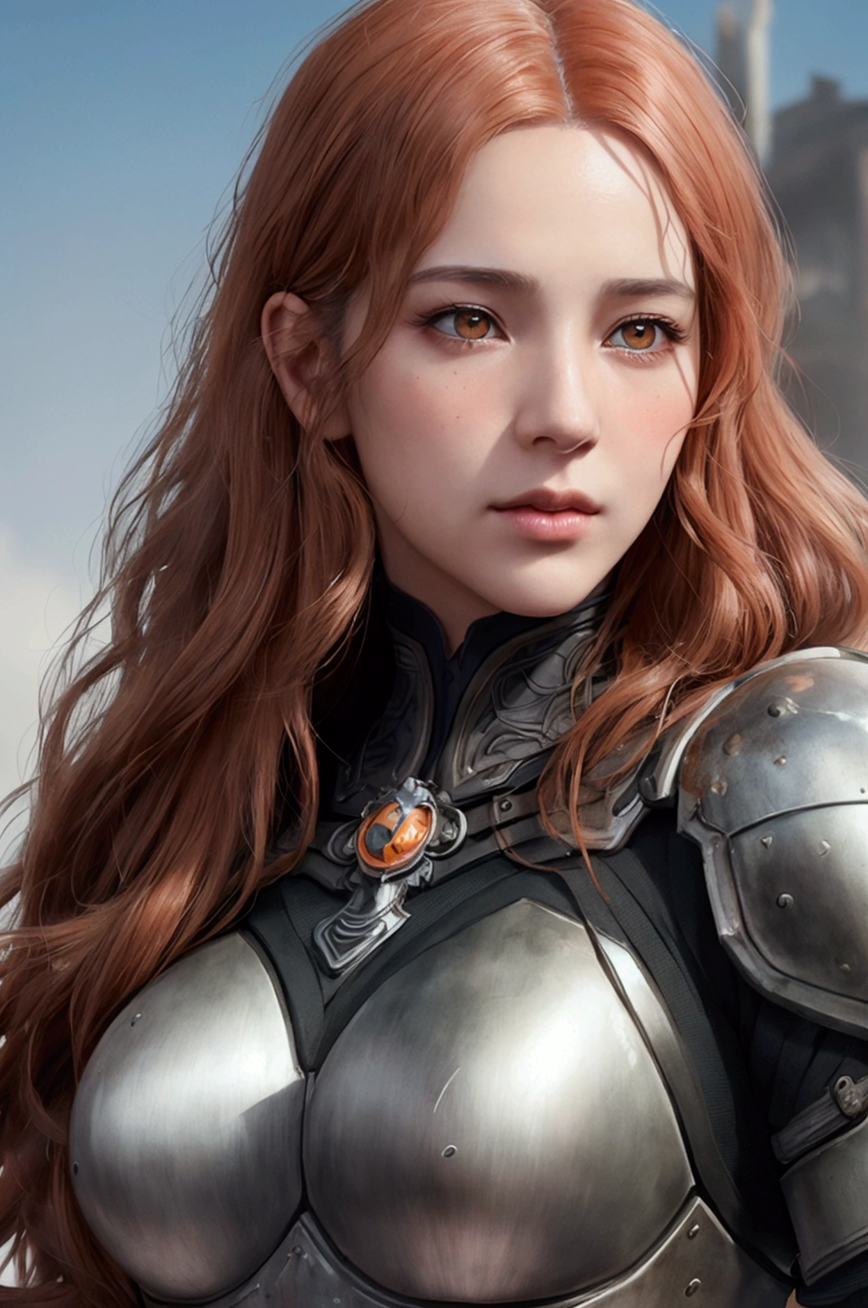 a beautiful woman, orange eyes, (blush nose), detailed eyes, cinematic, drawn by Greg Rutkowski, Yoji Shinkawa: 0.6long curly orange hair, defined body, wearing detailed Victorian-era armor (((super strong)), masterpiece, best quality, ultra-detailed, ground, destroyed city background, shadows, contrast, gray sky, style (look at viewer: 1.2) (skin texture) (film grain: 1.3), ultra-high resolution, octane render, 16k
