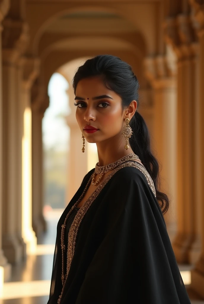 Una sola chica india de 25 años con Long hair usando sari, empire corridor, Columns, Long hair, elegantly dressed, SERIOUS LOOK, thoughtful, Red lips, black clothes, Accessories, golden details in clothes, Real photo, canon camera focus, ponytail in hair, rayos del sol entra las Columns