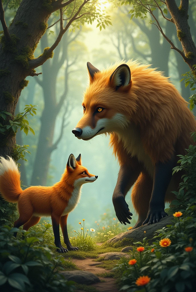 A fox and a Jucumari in the forest