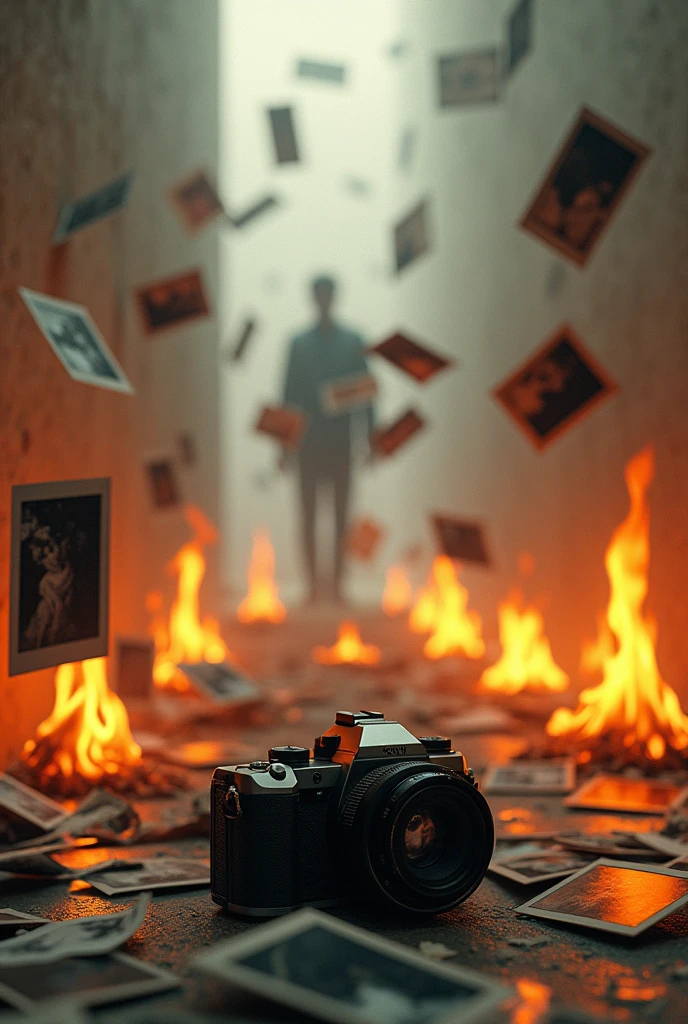 Generates an image of photographs falling to the ground while on fire with a camera lying on the ground, that in the photographs you can see a blurry man in the distance 