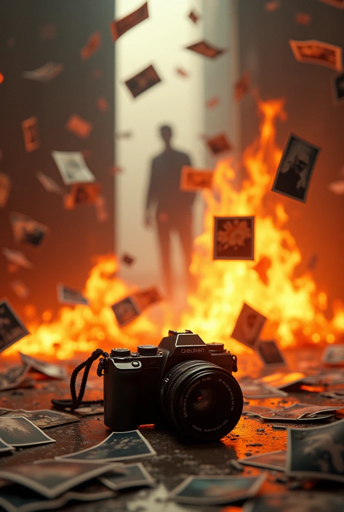 Generates an image of photographs falling to the ground while on fire with a camera lying on the ground, that in the photographs you can see a blurry man in the distance