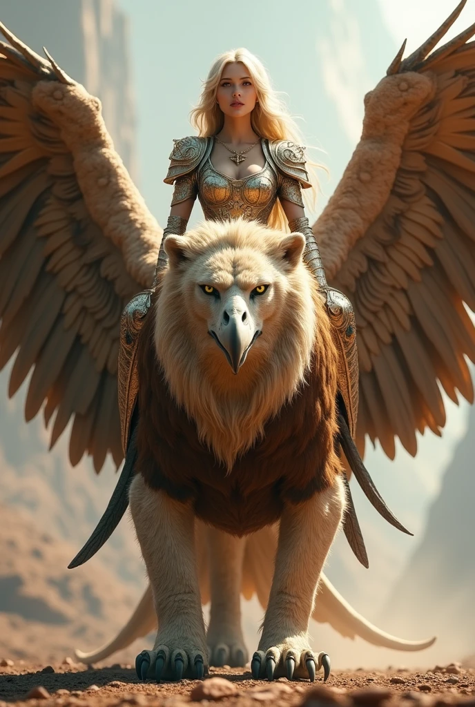 A griffin with its wings spread, the wings and upper body of an eagle, the body of a lion, a sharp beak, a beautiful and powerful figure, and a princess wearing armor on its back, ((masterpiece, Highest quality, Best image quality, High resolution, Realistic, RAW Photos, 8k)), ((Highly detailed CG synthesis 8k wallpaper)), (Huge and stunning goddess shot, Very hot and sexy, Incredible beauty, Perfect Proportions, Beautiful body, Slim body beauty:1.4), front view,
