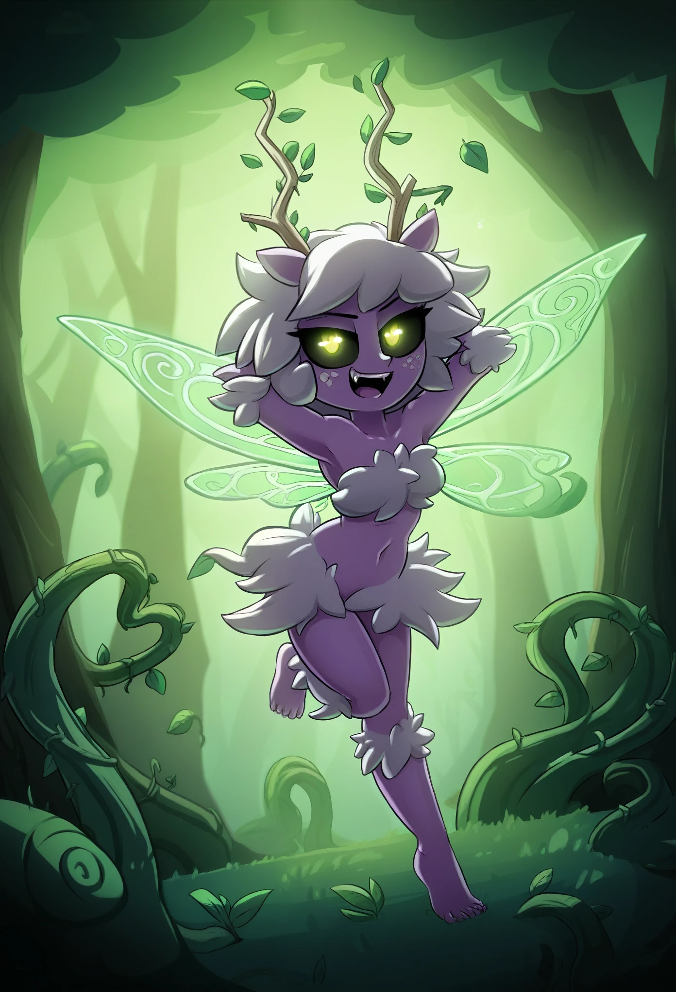 Naked old bent 80-year-old witch with evil laughter holding a rainbow crystal staff in a magical dreamy forest in shades of gray , legs wide apart, seduces dwarves, Pixar 3D анимация, High Details, High Resolution