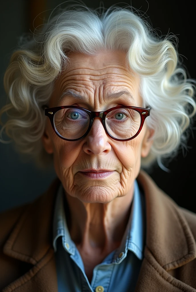 An elderly woman with dyed blonde hair Curly and medium , blue eyes, and oval glasses