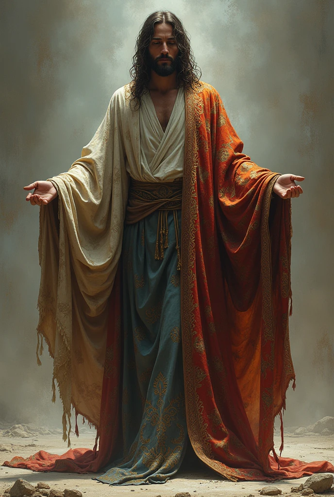 A person shedding a worn, tattered cloak, revealing a beautiful, flowing robe adorned with intricate patterns. The old cloak represents sin and darkness, while the new robe symbolizes salvation and righteousness