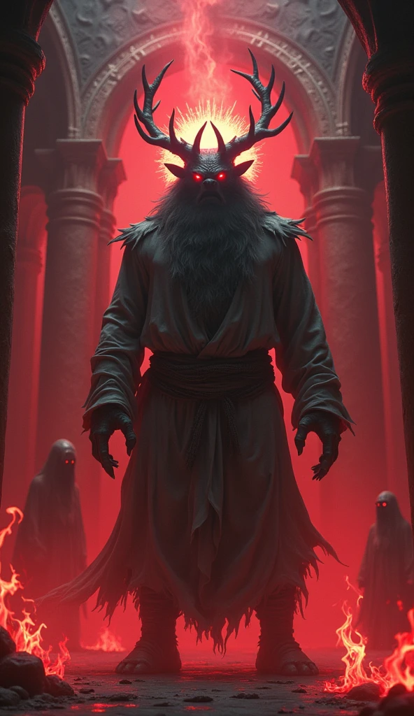 A terrifying room with a huge, muscular animal standing there wearing Muslim clothing. It is terrifying, bloody, and red.. Black fire scary damage, Ultra-high-resolution display, mysterious, Mixing, optical illusion, glowing light, Rays of God, In the middle of the room full of jinn and ghosts, he looks at the viewer., Red eyes, antlers, sharp ears, mysterious, luster, halo on head,