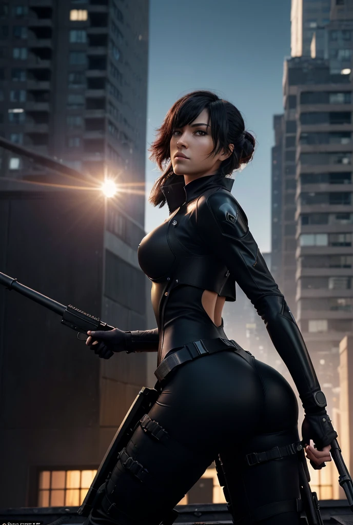 (mastrepiece:1.2,best quality,ultra detailed,powerful backlight:1.3,silhouette:1.45),, , //character, 1 solo Female mercenary,Ghost in the Shell kusanagi motoko,One eye glowing red:1.2,Facial expression Murderous look,Looking down on the city.black lether tight suit:1.2, hand holding an huge anti-tank rifle (Winchester Williams .50),Standing Pose,(looking up angle:1.35), , //back ground, in Rooftop of a building at night back ground:1.2,,8k,unrealengine5.unity.octanerender