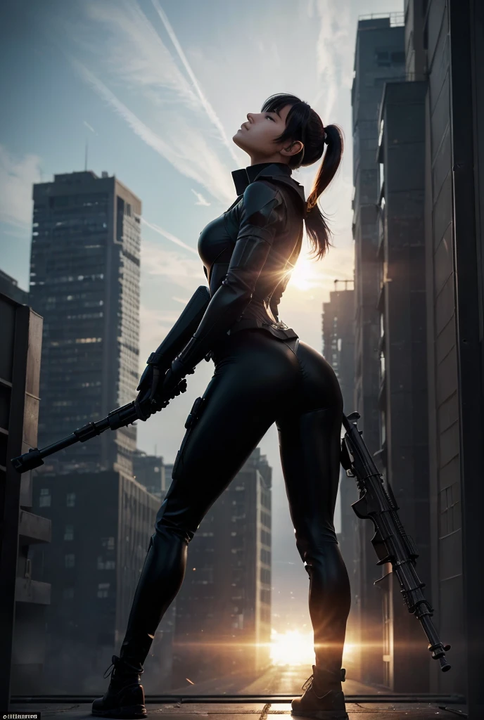 (mastrepiece:1.2,best quality,ultra detailed,powerful backlight:1.3,silhouette:1.45),, , //character, 1 solo Female  mercenary,Ghost in the Shell kusanagi motoko,One eye glowing red:1.2,Facial expression Murderous look,Looking down on the city.black lether  tight suit:1.2, hand holding an huge anti-tank rifle (Winchester Williams .50),Standing Pose,(looking up angle:1.35), , //back ground, in Rooftop of a building at night back ground:1.2,,8k,unrealengine5.unity.octanerender