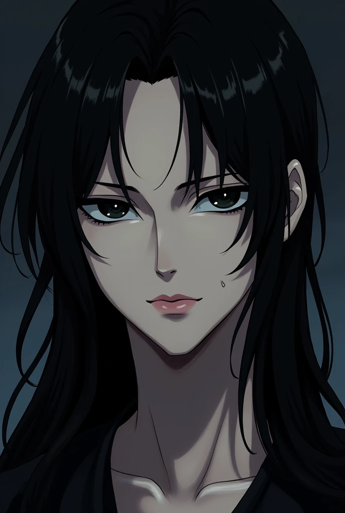 Create an anime MAN with long black hair and a cold look and black eyes, slightly pink lips and eyebrow piercing 