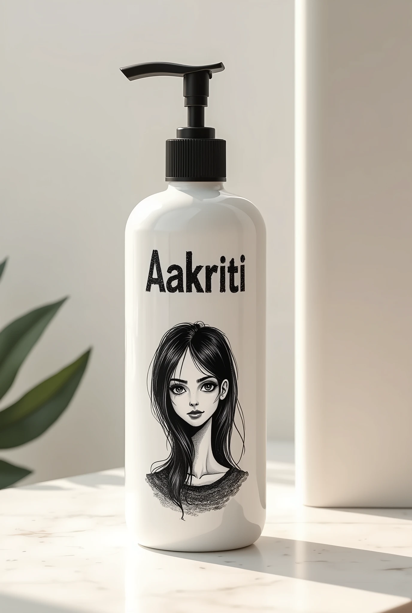 An asthetic shampoo bottle with the name Aakriti on it with a black rough picture of a girl