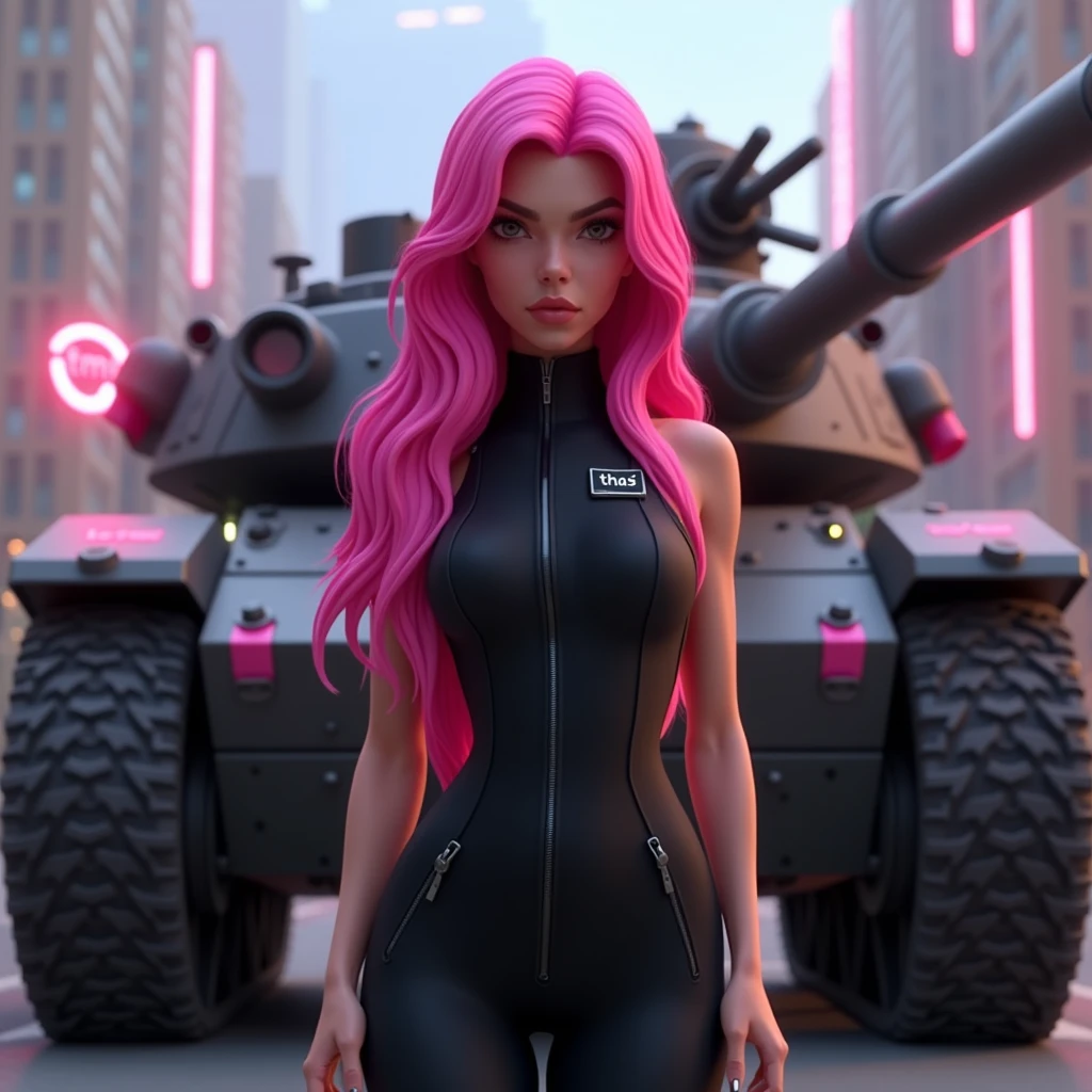 Creates the image of a woman with extraordinary beauty, She has long, bright pink, flowing hair, and is standing in front of a battle tank with tracked wheels and some pink details, has dark eyes and a slightly fleshy mouth. She wears a long, tight-fitting black jumpsuit., the jumpsuit has a label with your name written “THAY” on the left chest. high resolution, ultra HD, 品質, high qualiy, High details, disney pixar model image. The tank has a neon sign that says “FMS”