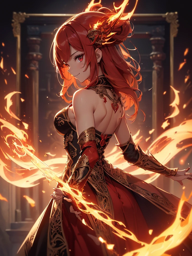 (((best quality, sharp image, clear image, cinematic lighting, 8k resolution, masterpiece, ultra detailed, intricate))) Girl, sorcerer, cute, intricate dress, smiling, fiery red, ((intricate background)), (rune frame), dimension, ((shot from behind)), fire sigils, chaotic background, ((half-body shot))