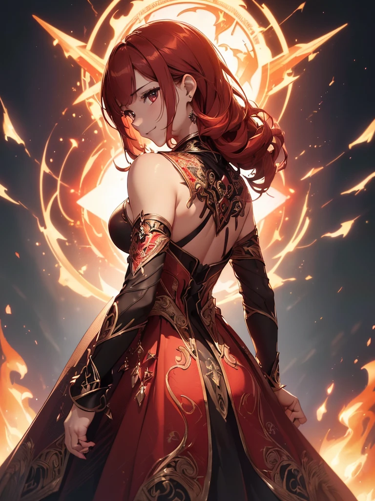 (((best quality, sharp image, clear image, cinematic lighting, 8k resolution, masterpiece, ultra detailed, intricate))) Girl, sorcerer, cute, intricate dress, smiling, fiery red, ((intricate background)), (rune frame), dimension, ((shot from behind)), fire sigils, chaotic background, ((half-body shot))