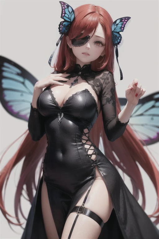 Cold girl, wearing gothic dress, butterfly wing, very long red hair, purple eyes, wearing eye patch