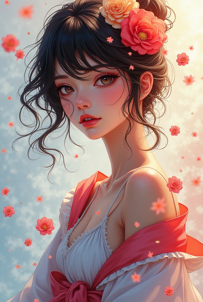 (masterpiece), (best quality), (ultra detailed),(disheveled hair),(illustration), (1woman), standing, Fashion model, looking at viewer, (interview), (detailed background),beautiful detailed eyes, delicate beautiful face, Floating,(high saturation),(colorful splashes),colorful bubble,(shining), focus on face, floating flowers, floating hairs, (shining), best lighting, best shadow, 1female solo