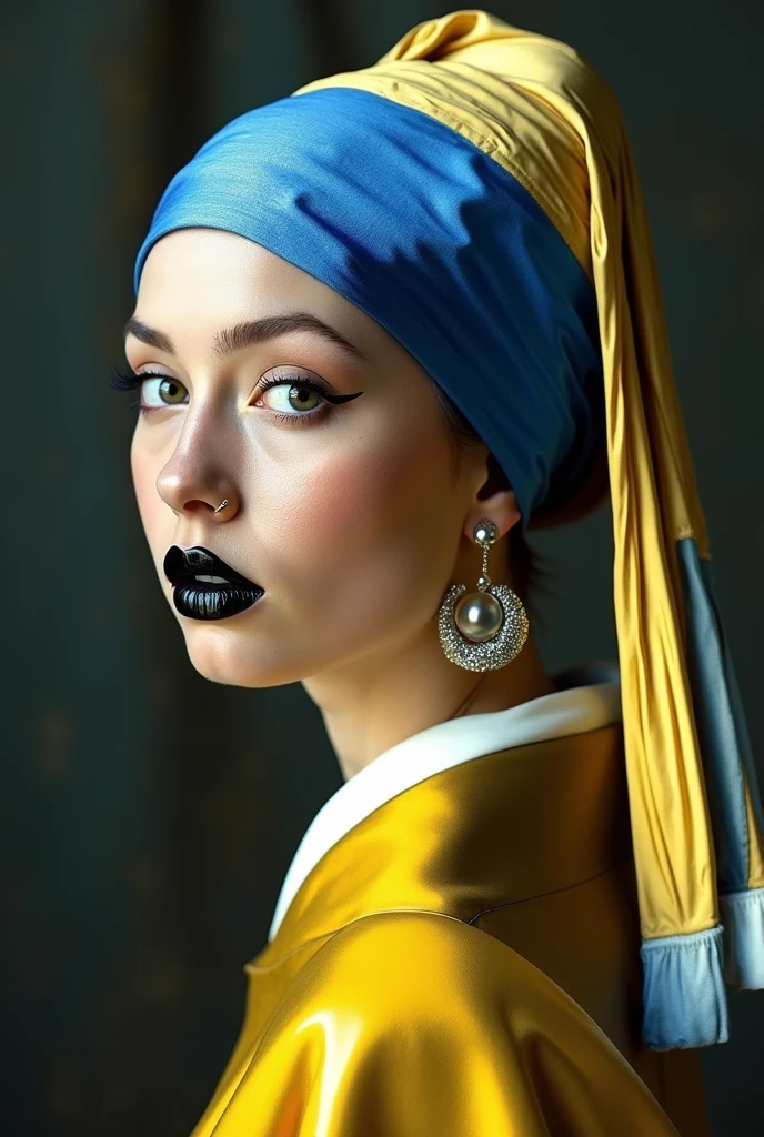 Créais une image comme le tableau de Johannes Vermeer, la jeune fille à la perle. Elle a un habit en matiere latex brillant jaune. Le turban sur la tete est en latex brillant bleu, jaune et blanc comme sur le tableau original. Les levres de la jeune fille sont noires brillantes et ses yeux sont maquillés noir brillant. Elle a un piercing anneau dans la narine gauche