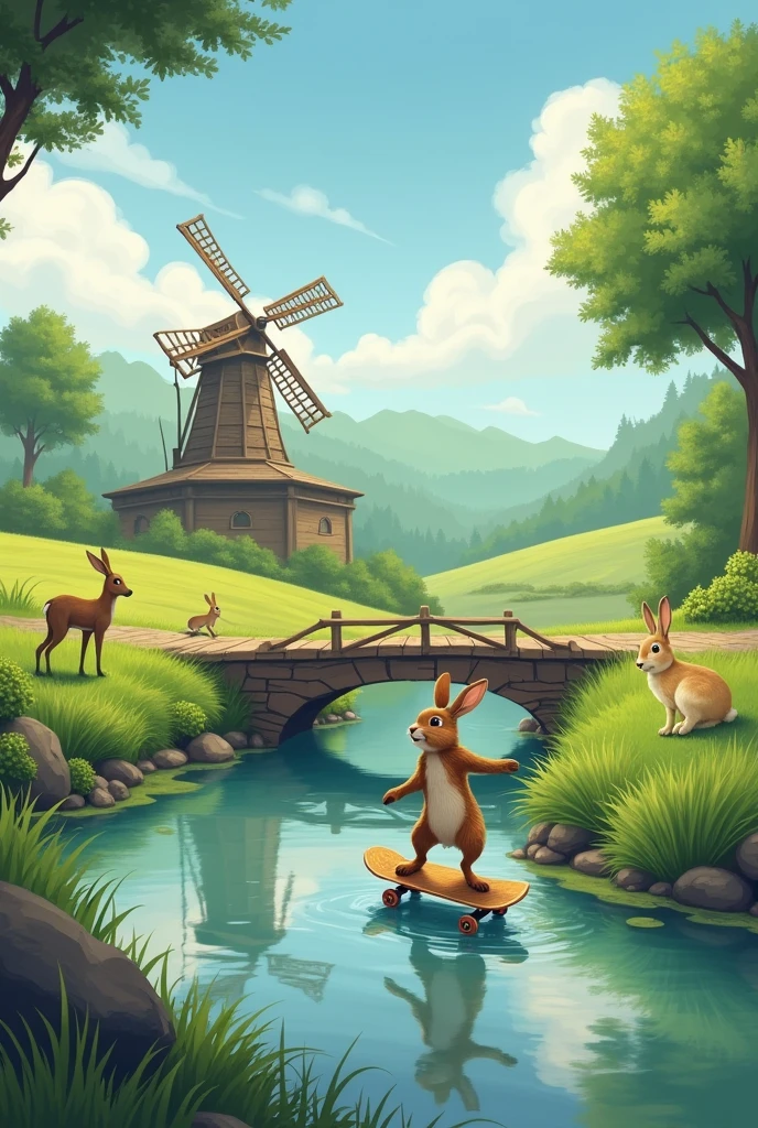 Une rivière dans la campagne. Un petit pont en bois qui traverse la rivière. Un moulin a vent au fond a gauche. Des animaux de la forêt. Zen. Relaxation. Au premier plan  un lapin qui fait du skateboard.