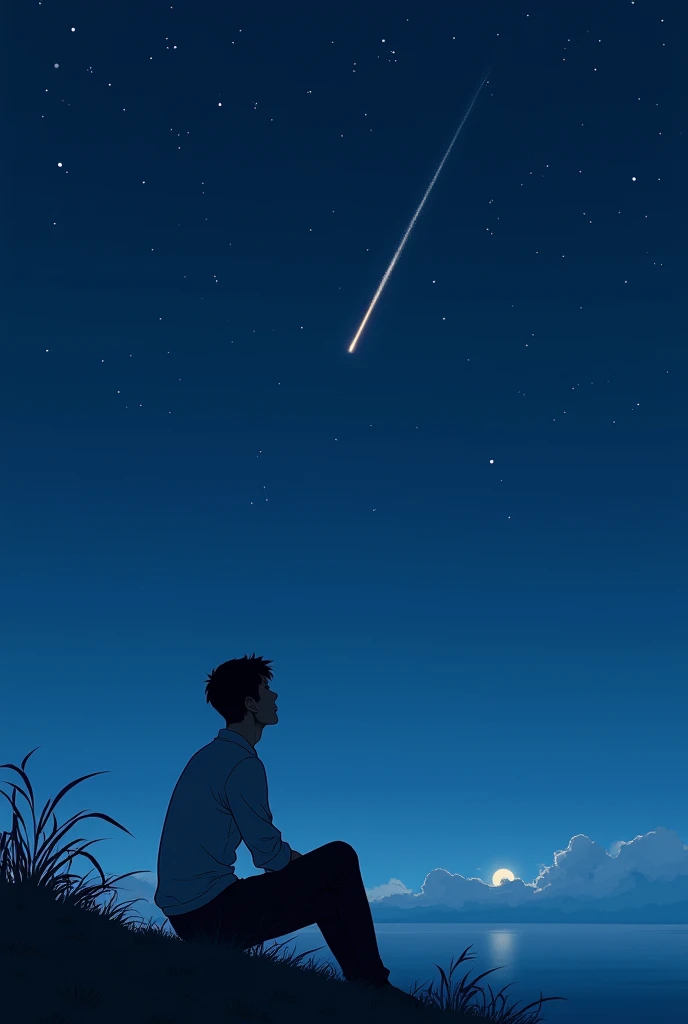 Anime image of a man sitting alone watching a shooting star on a dark night.