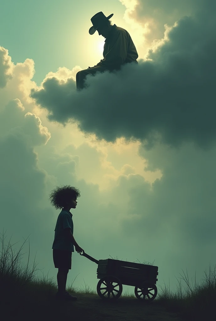 silhouette, 70 year old dad with cattleman hat, on a cloud in the sky, looking down at his son, curly hair, with a wooden cart in hand, Surreal dark fantasy