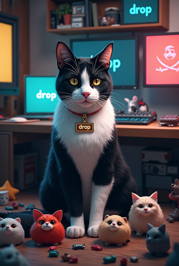 (very realistic male cat, black and white, long hair at the tip of his ears, piercing yellow eyes), sat among a lot of different sizes of plastic cat balls, in a room full of computers and computer parts, screens and keyboards, box of used keyboards, it is written " DROP " in pixel onto some screens , there's a pirate jolly roger with the anonymous "guy fawkes"'s mask instead of the skull on some other screens, there's a glowing neon on the wall that spells " D R O P " , cat has " DROP " written on a small golden plate attached to his collar, place looks cozy, there's a plastic anonymous mask among the plastic cat balls,