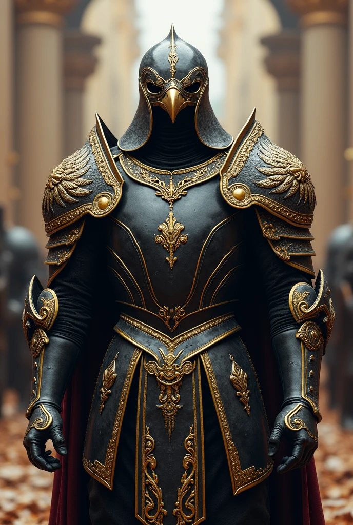Fine black iron armor with golden ornaments, eagle shoulder pads, helmet shaped like an eagle's beak