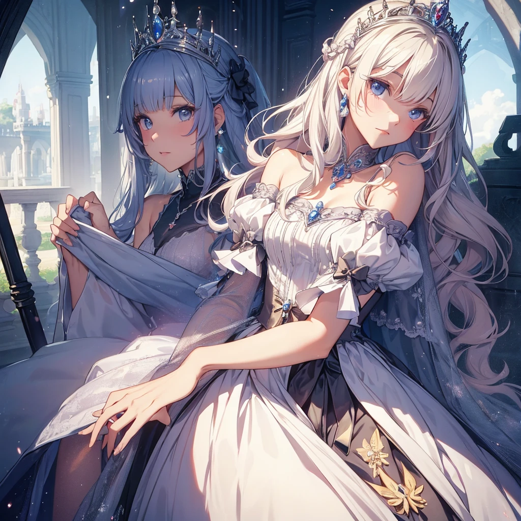 ((Anime cute art style)),(((digital))),Noble atmosphere,(masterpiece), (best quality), (Super detailed),illustration,(Very delicate and beautiful),Dynamic angle,looking at the audience,(((solitary))),((whole body)),(((1 Gorgeous and noble princess in wide skirt))),jewel eye,(Very long hair),Gorgeous embroidery and lace,transparent,gorgeous ruffles,(Huge breasts,Long Breasts),(Gorgeous ball gown with loose skirt),
