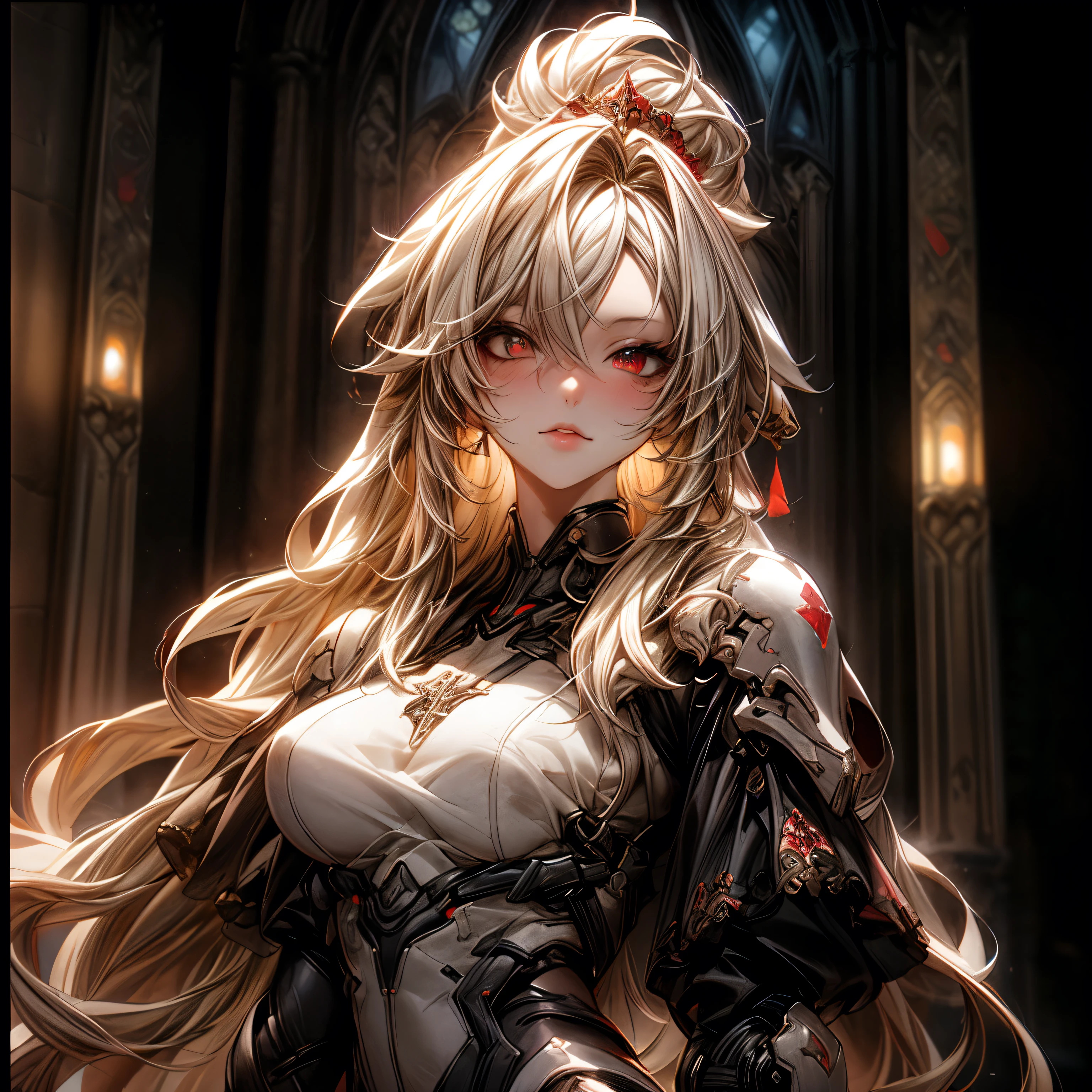 (best quality)), ((Masterpiece)), (details:1.4), 3d, HDR (high dynamic range), an image of a beautiful cyberpunk female, Cyberpunk, Medieval, Blonde hair, Long hair, Beautiful Red eyes, จมูกโด่ง, ปากแดง, หน้าอกใหญ่, nvidia RTX, PBR surface, After processing, Anisotropic filtration,depth of field, Maximum clarity and clarity, multi-layered surface, Subsurface scattering, perfect proportions, 8K raw files, ultra detailed, Perfect proportions, volumetric lighting, soft lighting, Holy Paladin, Heavy Black Armor, Red dress, glossy skin, intricate silver embroidery, Tower background, jewely, ต่างหู, นิ้วมือสมบูรณ์,