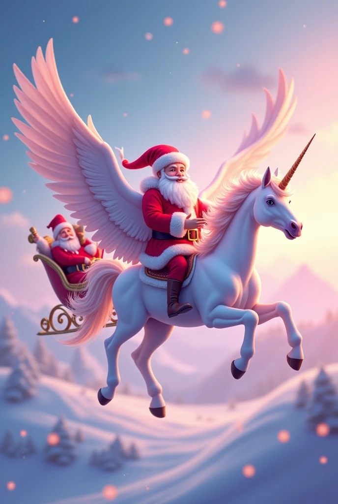 Christmas unicorn with wings flying next to Santa Claus in pastel colors