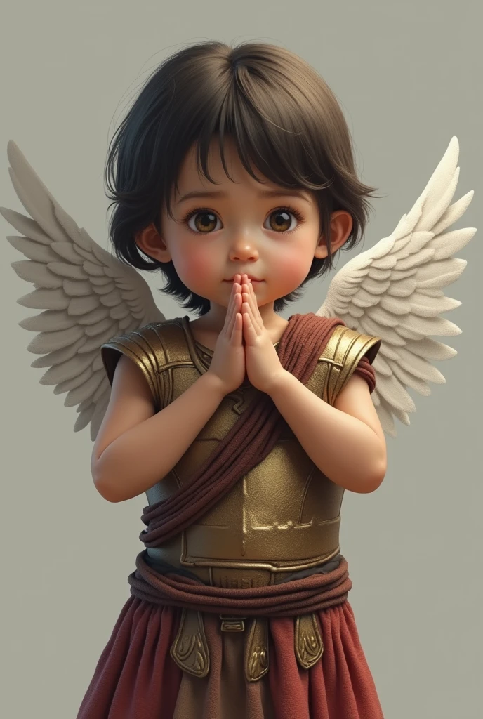 Design a baby in portrait format that is standing with his hands in prayer, has medium-length hair and is dressed like a Spartan, includes angel wings and is in shades of gray and gold.
