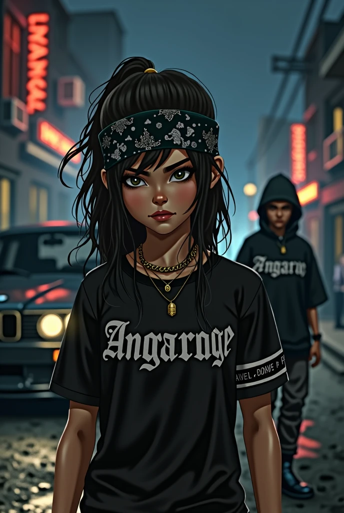 Gangsta girl with black bandana,angarage text on shirt,angarage text on shirt,gangster boy in background with hoodie and bandana with black bmw,night street,ghetto