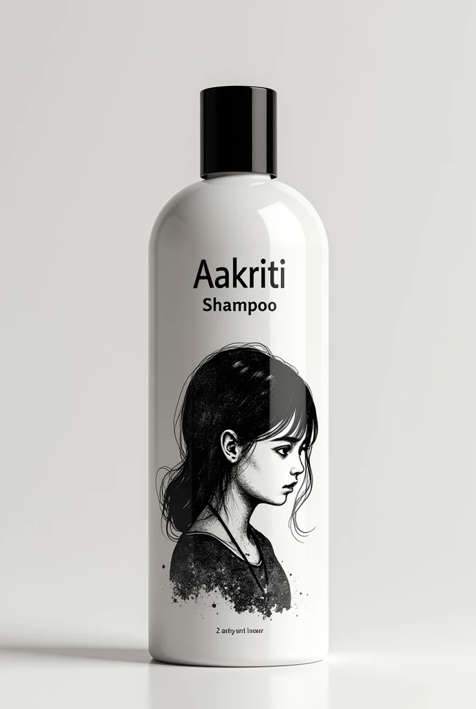 An asthetic shampoo bottle with the name Aakriti on it with a black rough picture of a girl 10 pictures in different ways