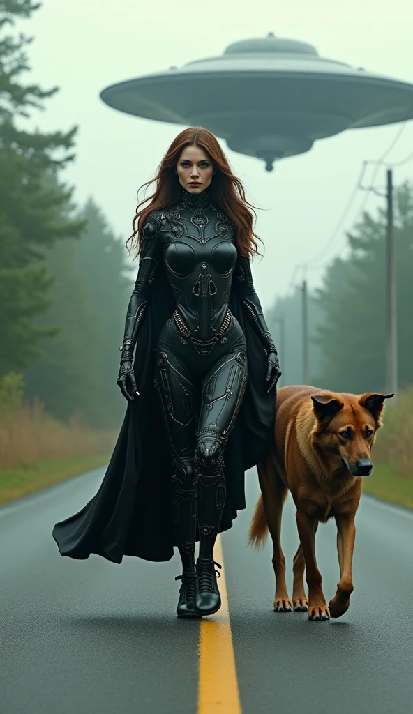 (photorealism:9.16), beautiful cyborg woman, walks along the road, dressed in a dark loose suit, cloak,  long hair, there is a big kind dog nearby, soft lighting, there is a flying saucer in the background, ready to run, realistic, complex parts