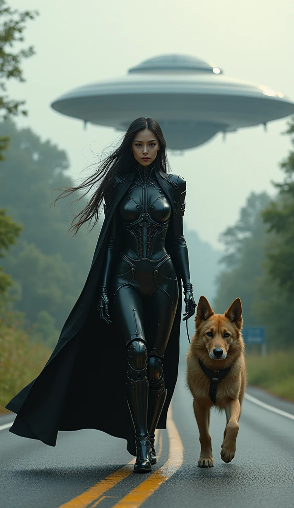 (photorealism:9.16), beautiful cyborg woman, walks along the road, dressed in a dark loose suit, cloak, long hair, there is a big kind dog nearby, soft lighting, there is a flying saucer in the background, ready to run, realistic, complex parts
