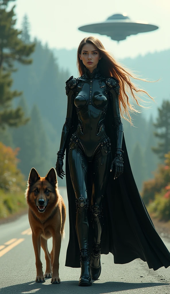 (photorealism:9.16), beautiful cyborg woman, walks along the road, dressed in a dark loose suit, cloak, long hair, there is a big kind dog nearby, soft lighting, there is a flying saucer in the background, ready to run, realistic, complex parts